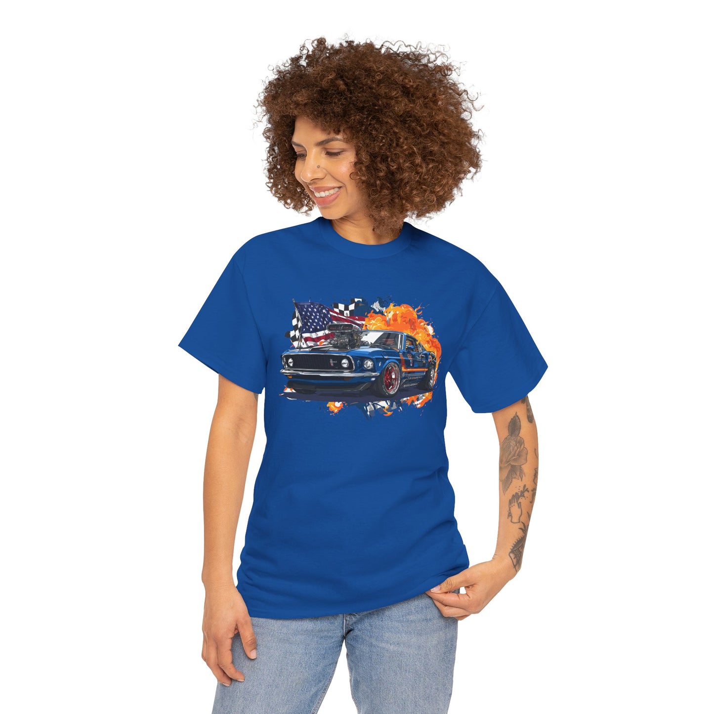 1969 Boss 429 Mustang T‑Shirt — American Flag Burnout Graphic Tee