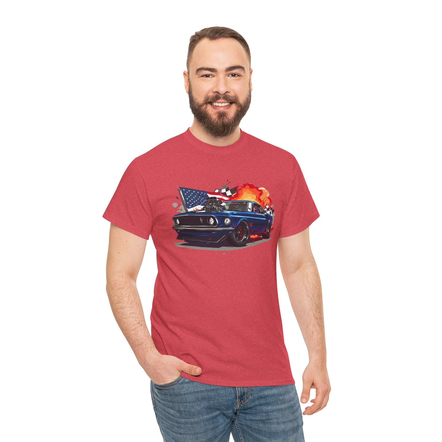 1969 Boss Mustang T‑Shirt — American Flag & Flames Classic Car Tee
