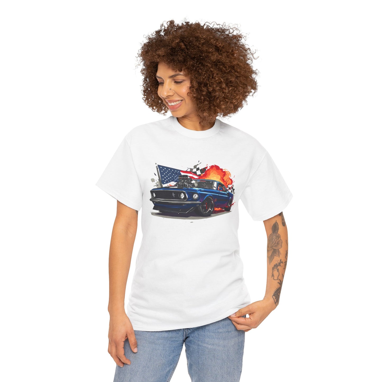1969 Boss Mustang T‑Shirt — American Flag & Flames Classic Car Tee