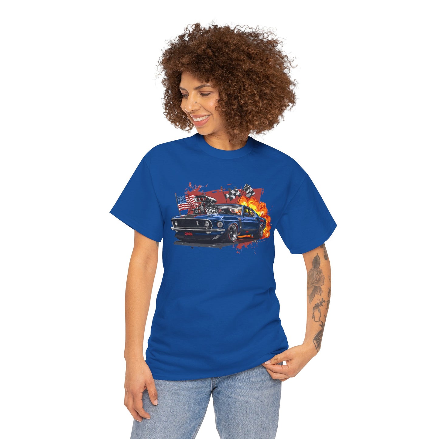 1969 Boss Mustang T‑Shirt — American Flag & Flames