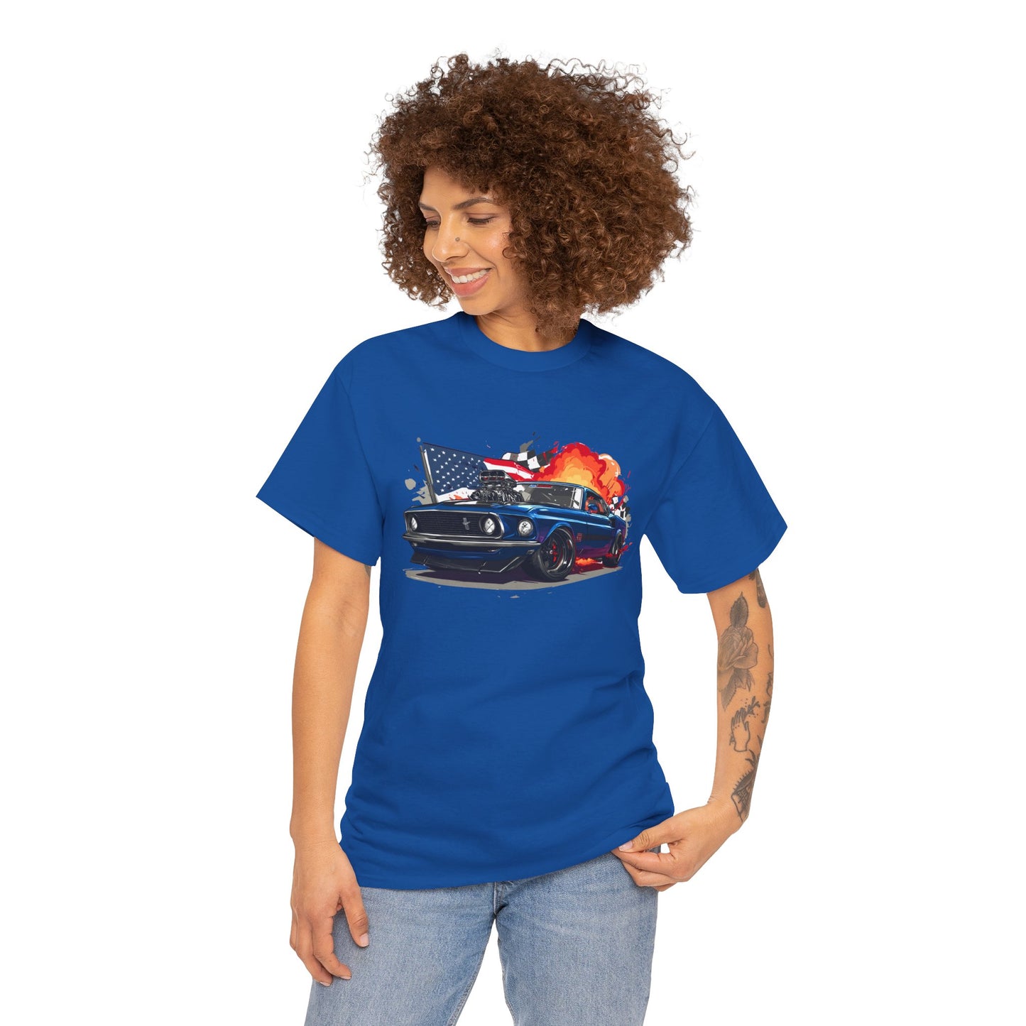 1969 Boss Mustang T‑Shirt — American Flag & Flames Classic Car Tee