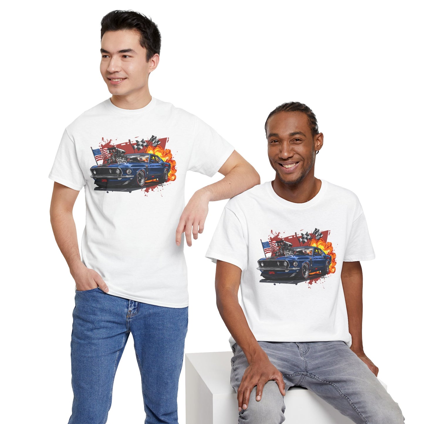 1969 Boss Mustang T‑Shirt — American Flag & Flames