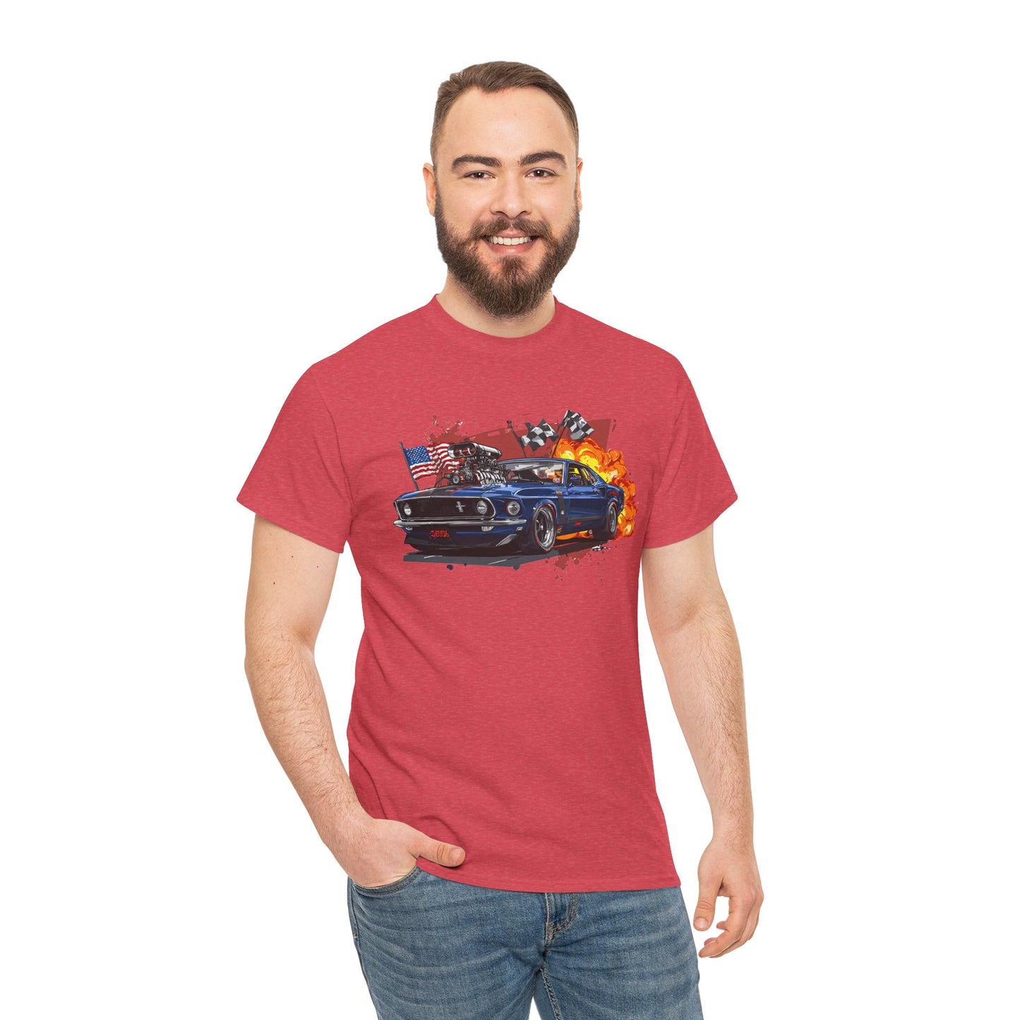 1969 Boss Mustang T‑Shirt — American Flag & Flames