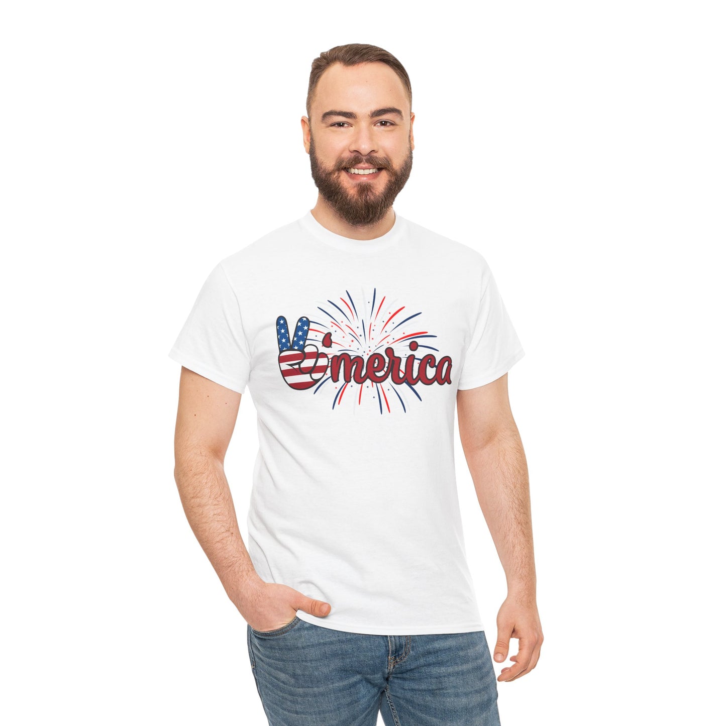 'Merica Peace Sign with Fireworks Patriotic Tee