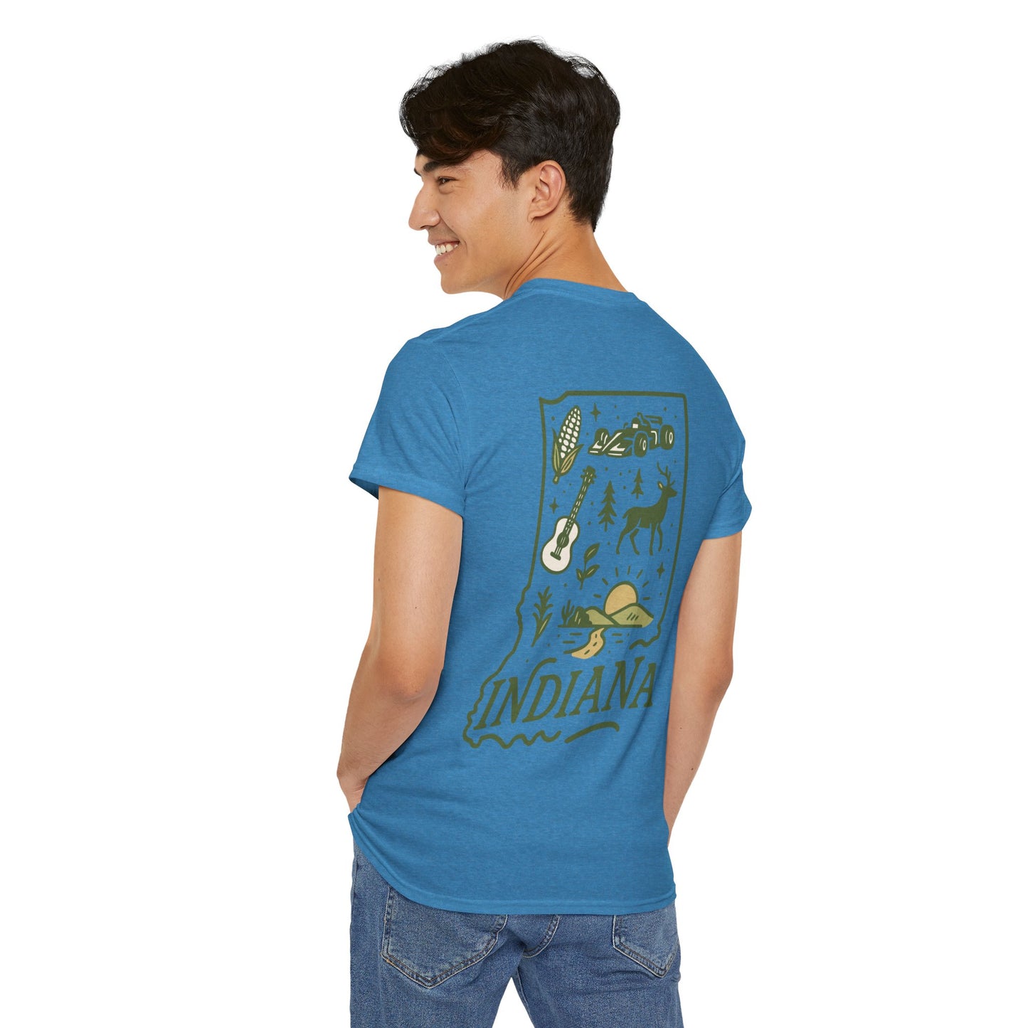 Indiana Outdoor Graphic Tee — State Map Nature & Guitar Design