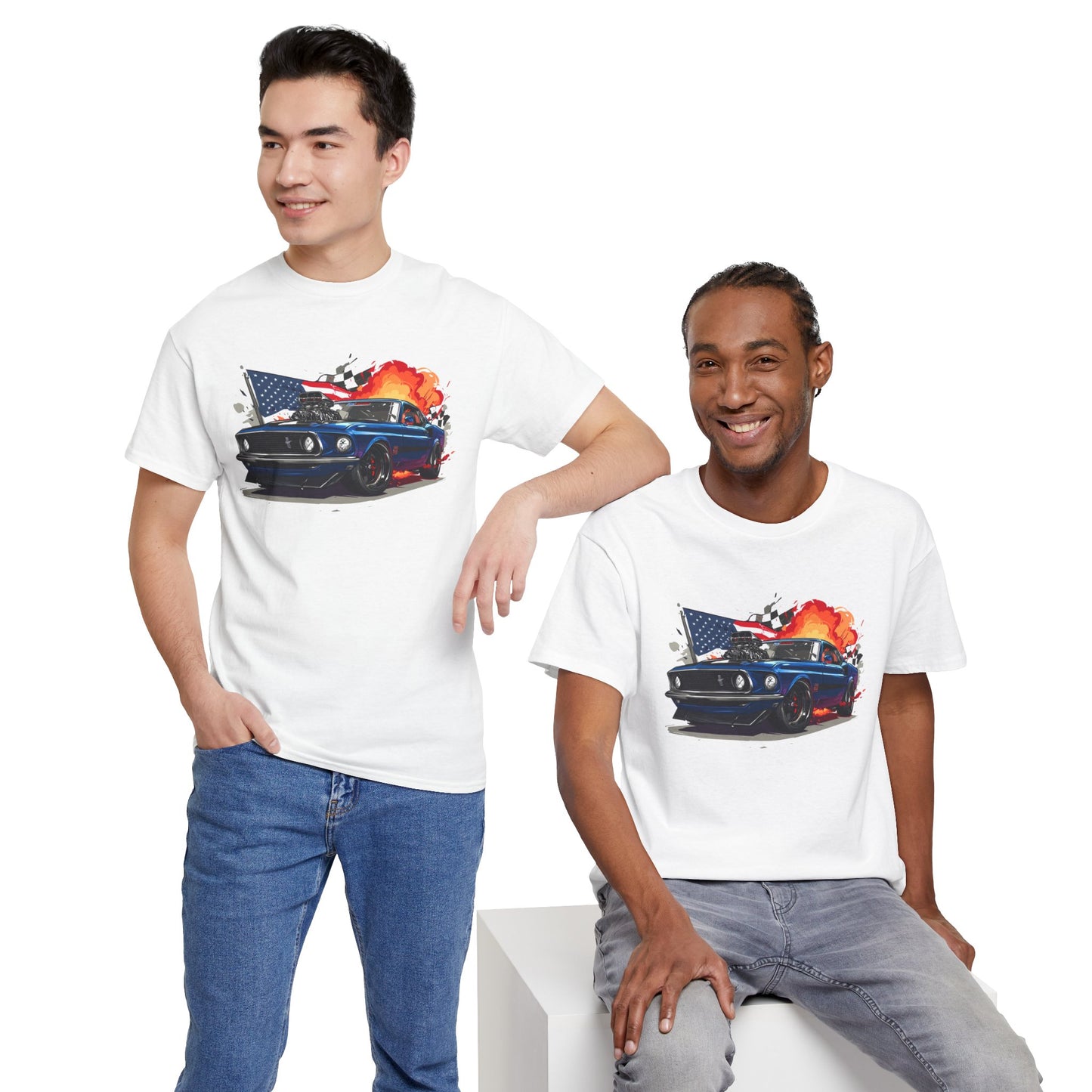 1969 Boss Mustang T‑Shirt — American Flag & Flames Classic Car Tee