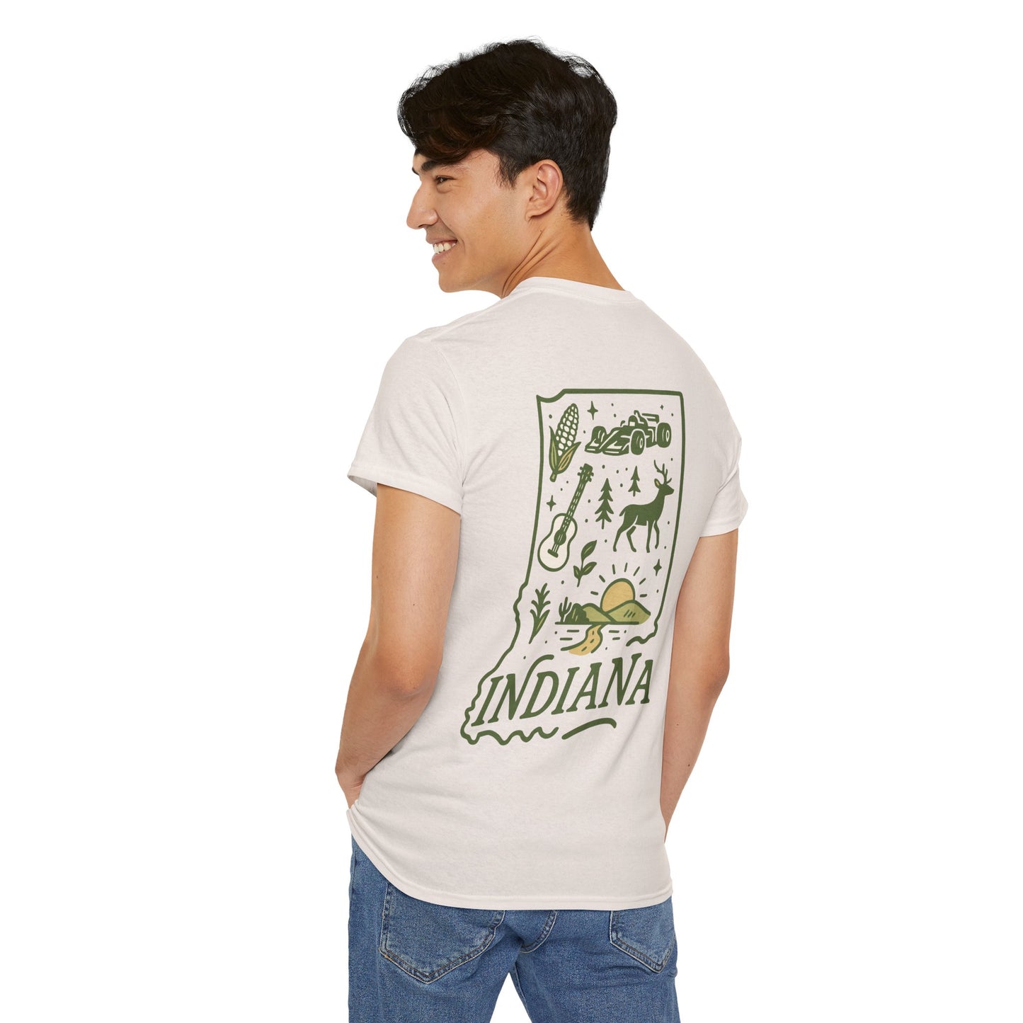 Indiana Outdoor Graphic Tee — State Map Nature & Guitar Design