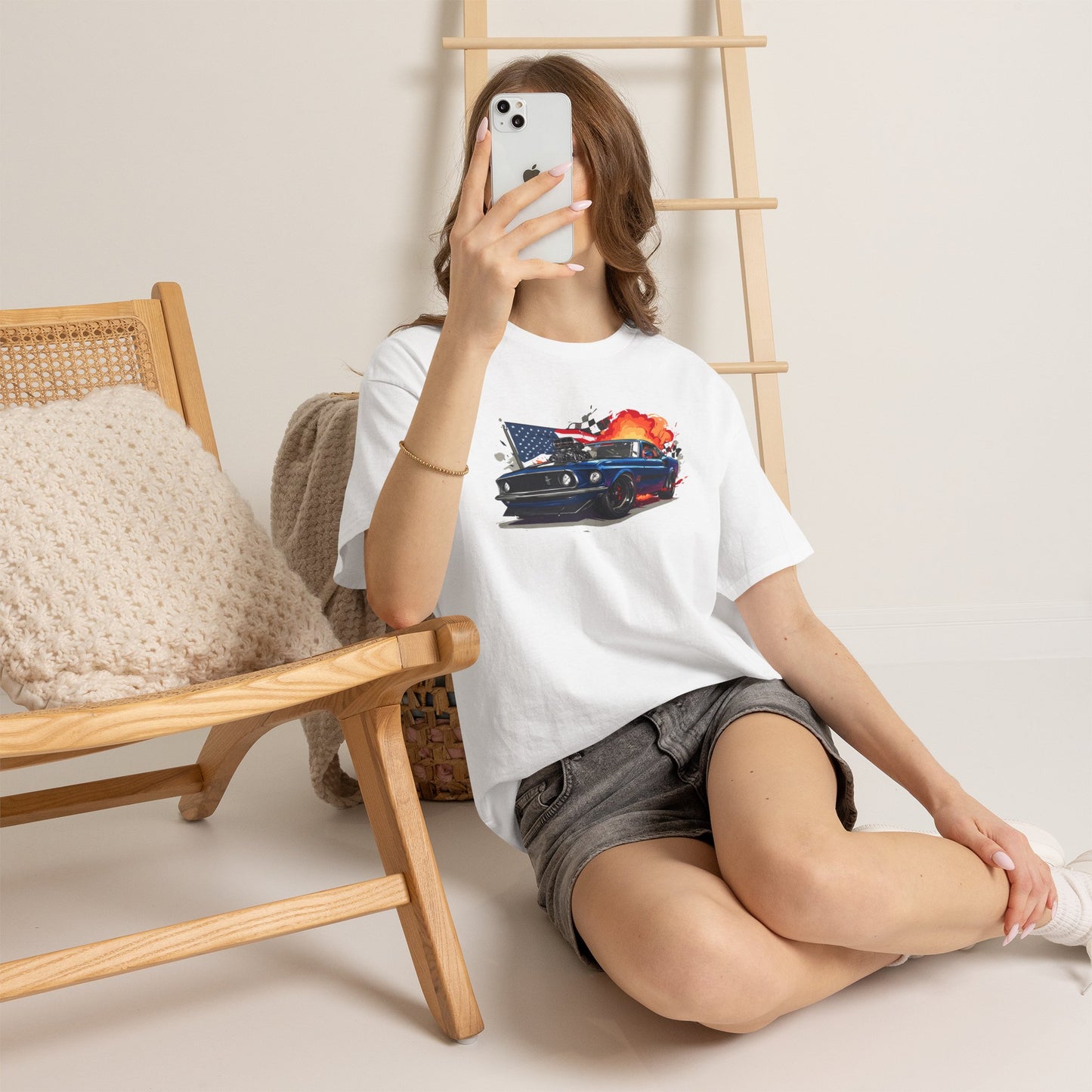 1969 Boss Mustang T‑Shirt — American Flag & Flames Classic Car Tee