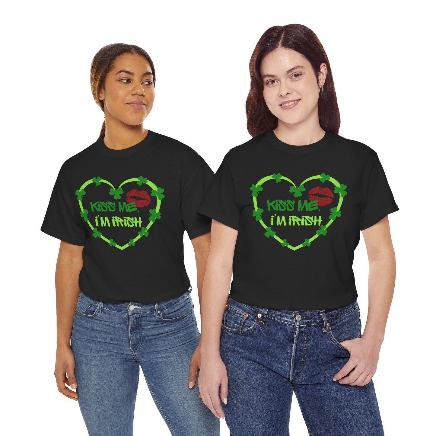 Adult St. Patrick's Day Tee — "Kiss Me I'm Irish" Shamrock Heart T-Shirt