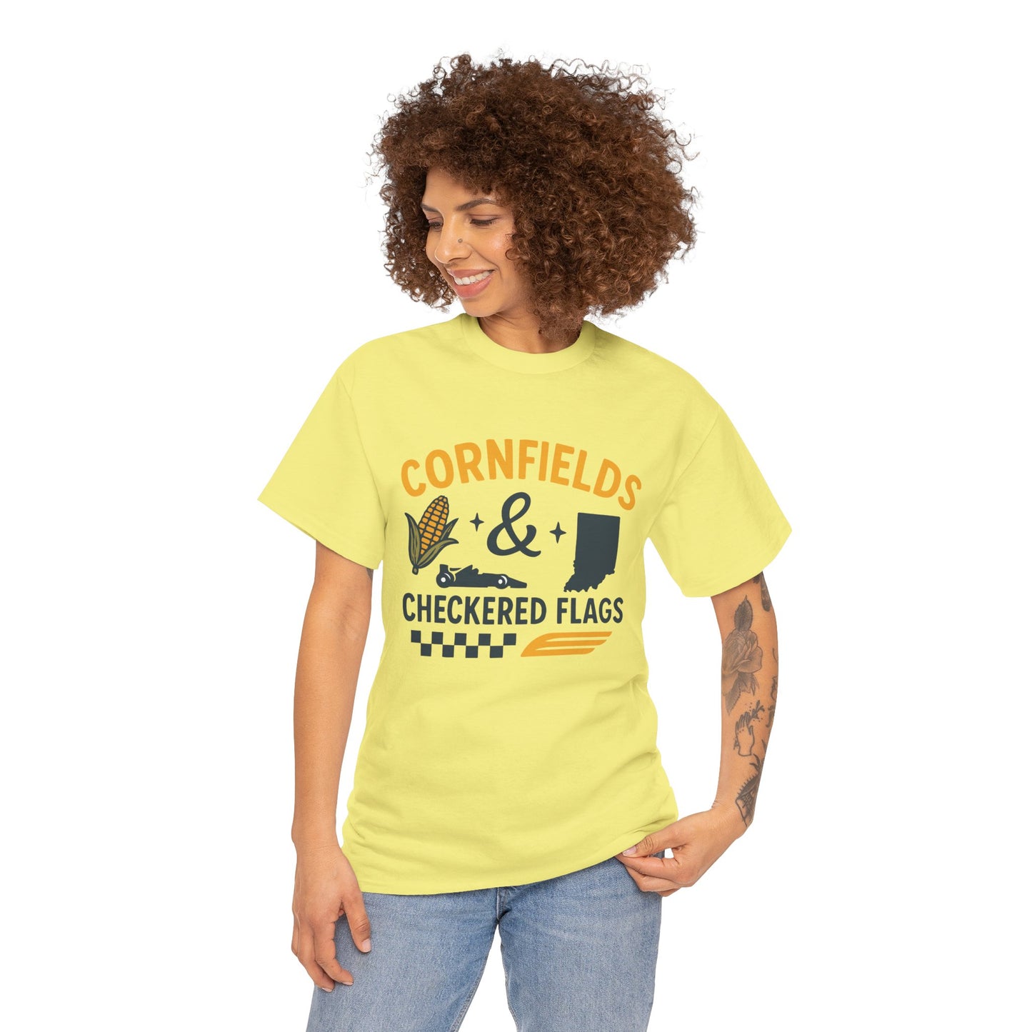T-Shirt — "Cornfields & Checkered Flags" Indiana Racing Farm Life Tee