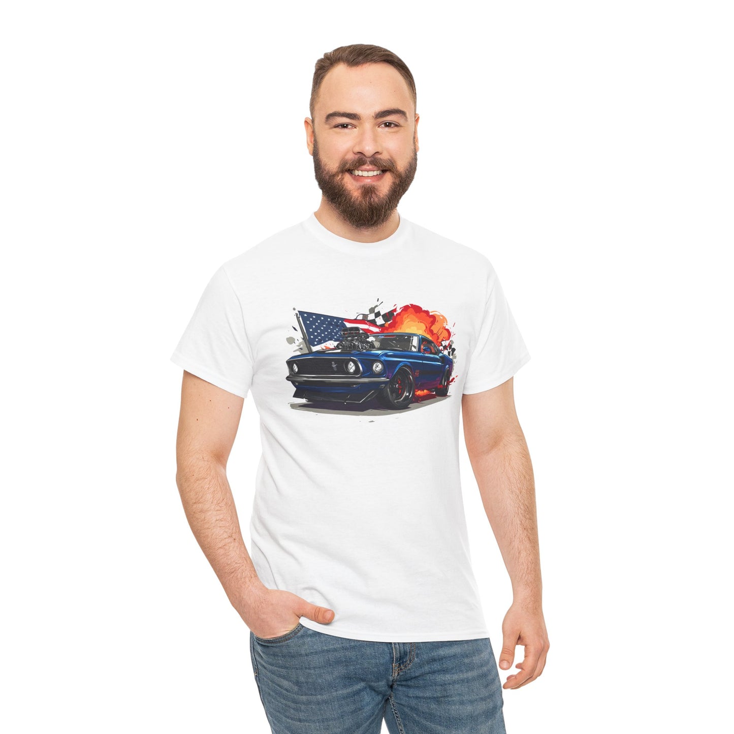 1969 Boss Mustang T‑Shirt — American Flag & Flames Classic Car Tee