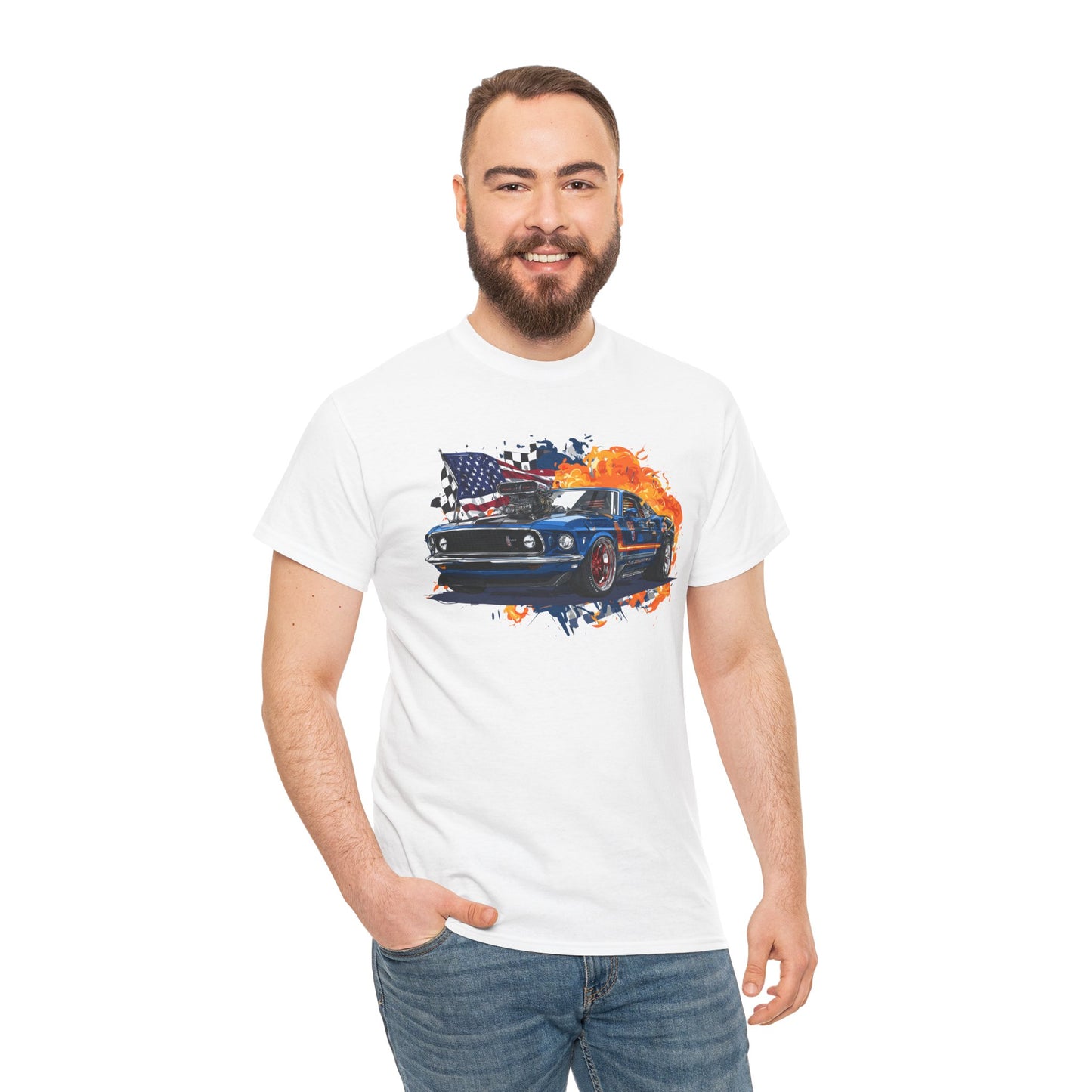 1969 Boss 429 Mustang T‑Shirt — American Flag Burnout Graphic Tee