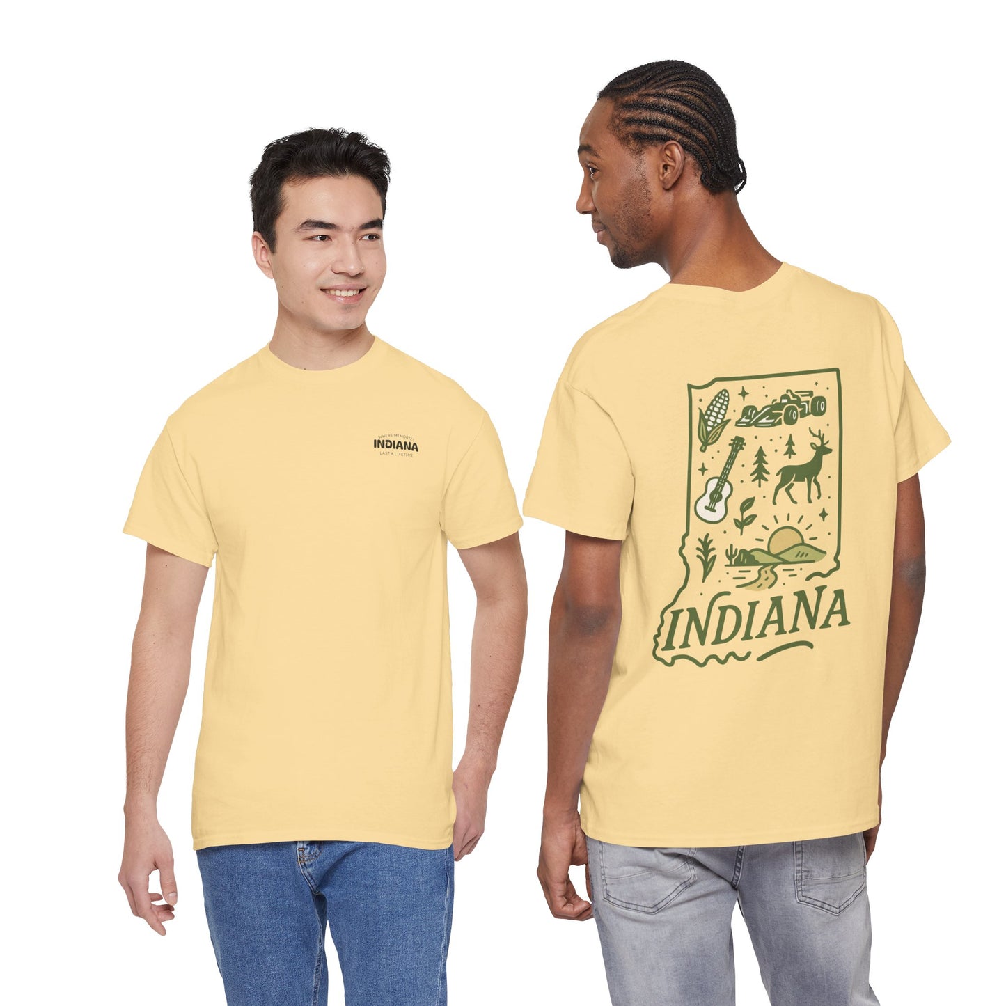 Indiana Outdoor Graphic Tee — State Map Nature & Guitar Design